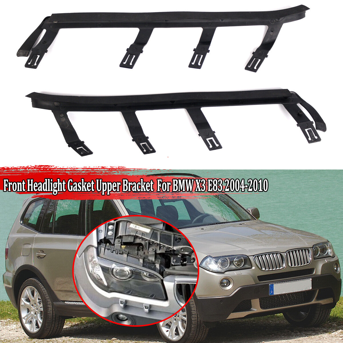 A pair of black headlight spacers with brackets, right + left, suitable for BMW X3 E83, 2004-10