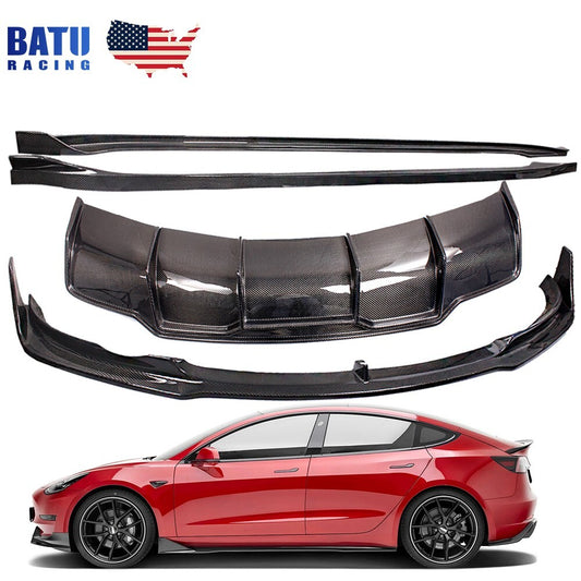 Real Carbon Fiber Side Skirt+Front Rear Bumper for 18-23 for Tesla Model 3 Body Kit