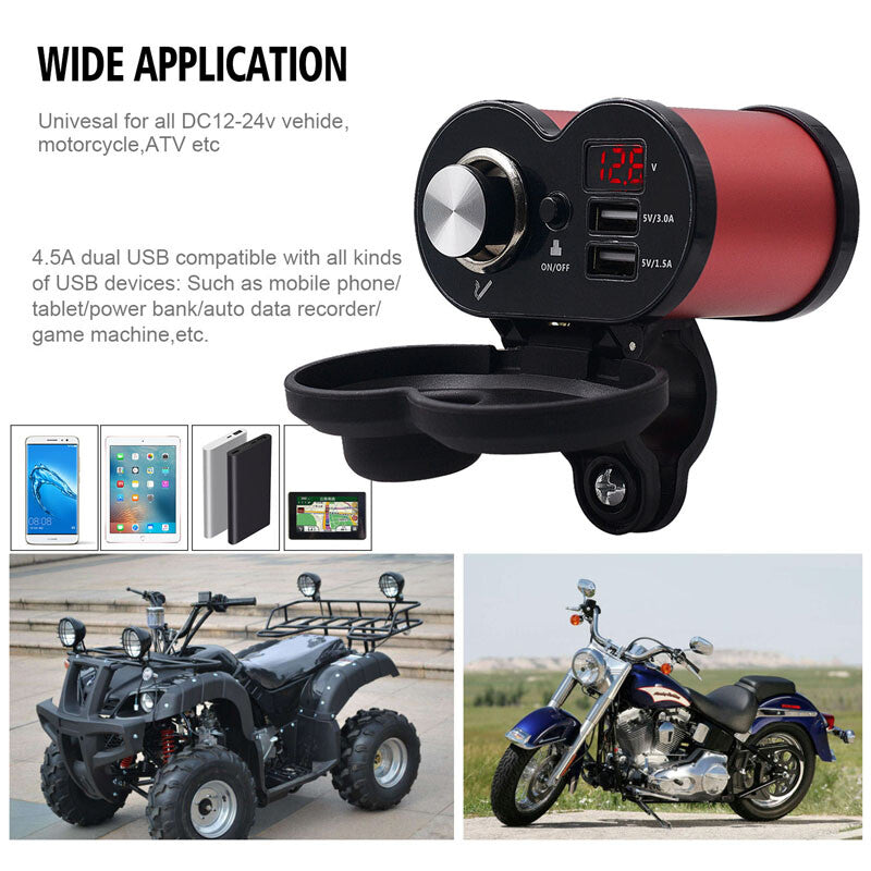 QC3.0 Motorcycle/Bicycle Cigarette Lighter Socket Dual USB Charger Switch Voltmeter - n