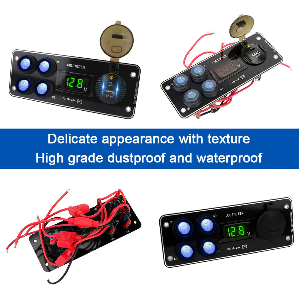 4-gang blue LED toggle switch panel voltmeter QC 3.0 USB charger for car and boat use. n
