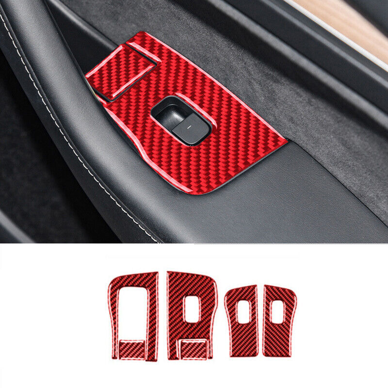 4-piece red carbon fiber window lift switch panel cover for Model 3 Y 17-22- n