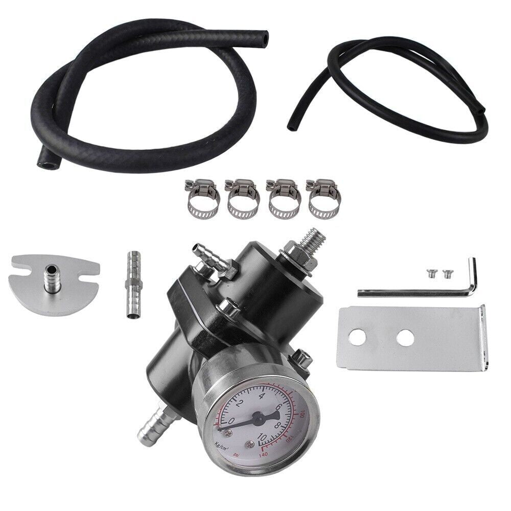 Black Aluminum Adjustable 1-140 PSI Fuel Pressure Regulator w/ Oil Gauge Fitting Q