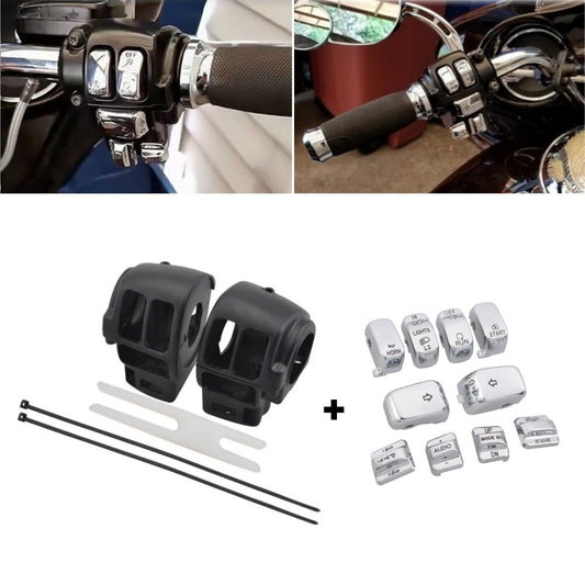 Black Switch Housing Cover +Chrome 10Pcs Buttons Caps for Harley Touring 96-13
