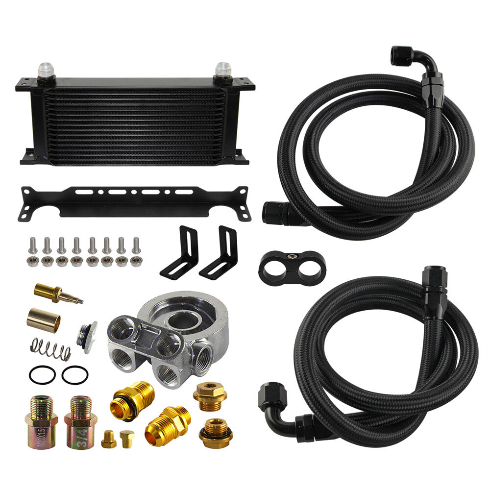 Universal 16 Row Oil Cooler+AN10 Oil Adapter w/Thermostat +Braided Hose Line Kit