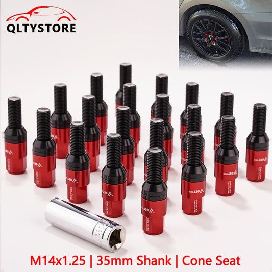 20x M14x1.25 Wheel Lug Bolt 35mm Shank Cone for Seat Stud for Most Aftermarket Red Q