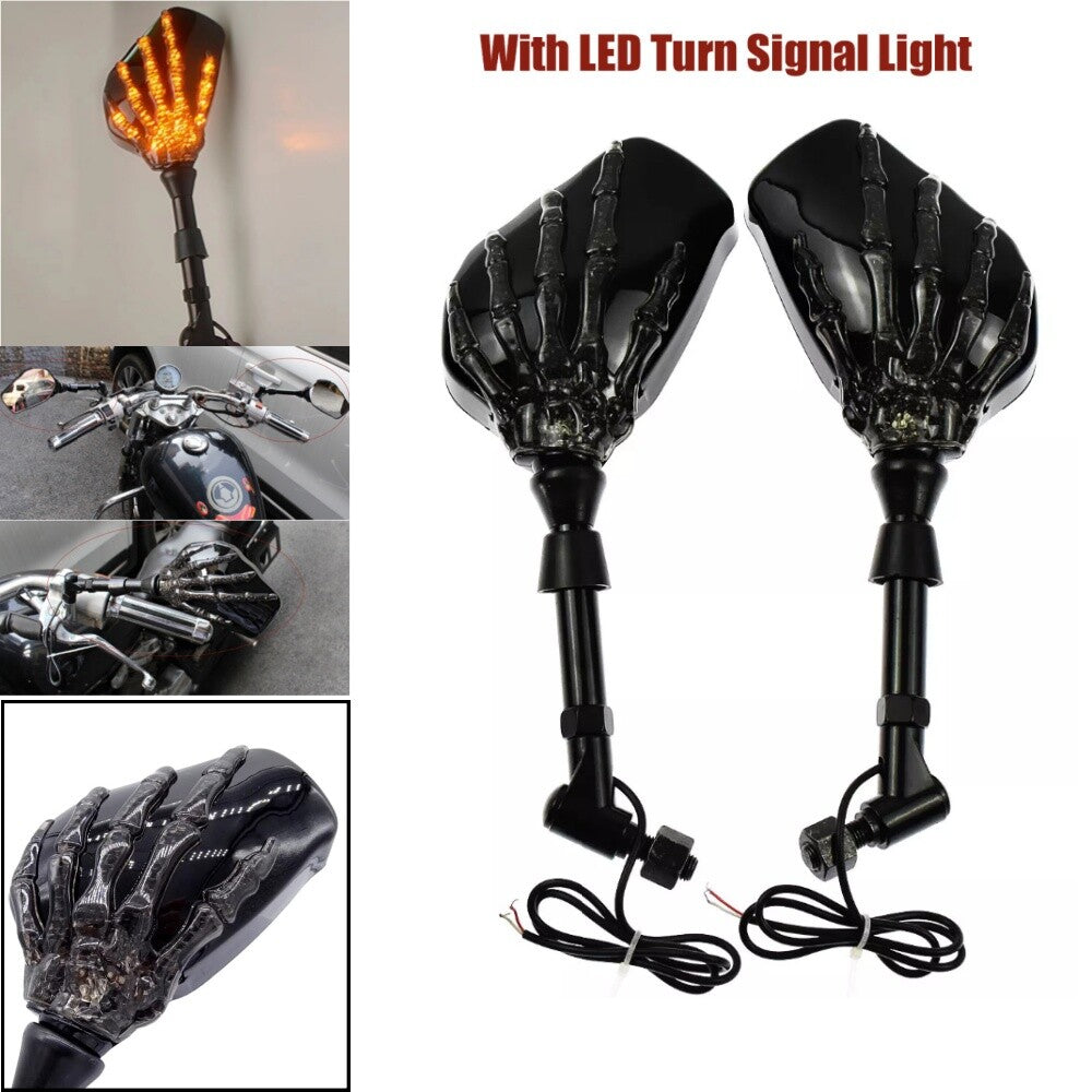 Black Universal 8mm 10mm Skull Hand Side Rearview Mirrors With Turn Signal Light