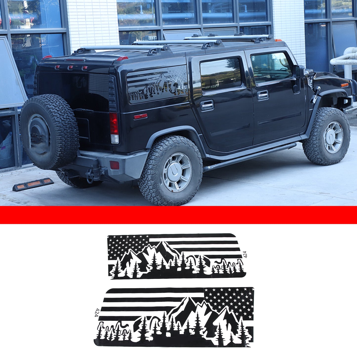 Rear side window American flag decal with mountain scene design for Hummer H2 2003-2009 (2 pieces)