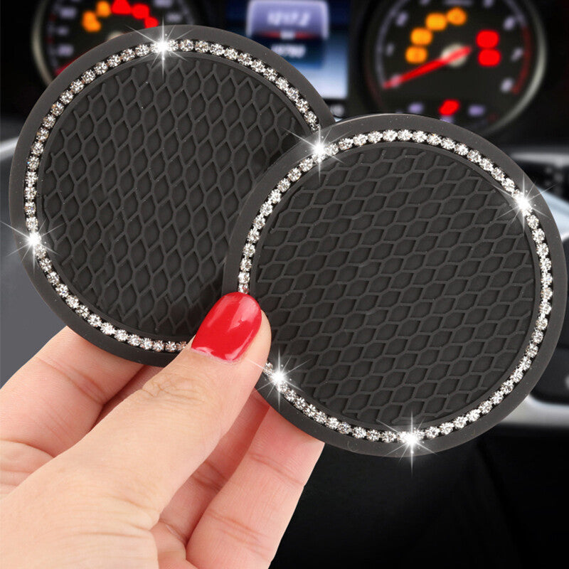 2PCS Bling Car Cup Holder Coaster Rhinestone Soft Rubber Pad Round Insert Drink