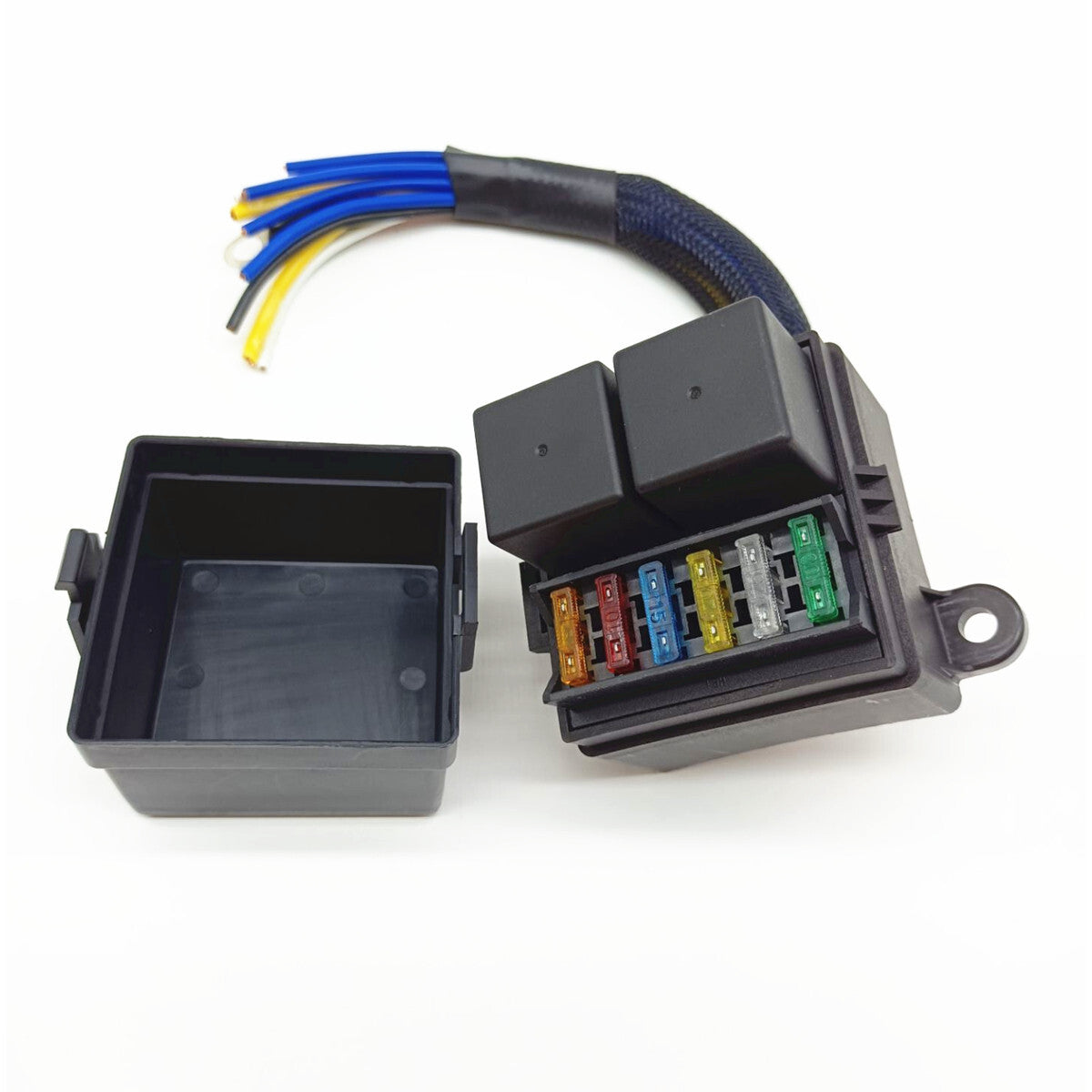General Motors pre-wired fuse and relay box with 2 four-pin 80A relays and 6 fuses. n