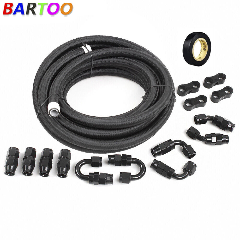 Black Nylon Braided E85 PTFE Fuel Line 20ft 14 Fittings Hose Kit 6AN 8AN 10AN Q