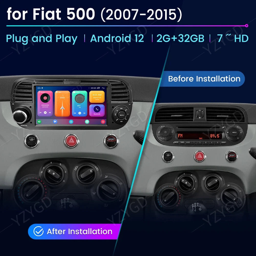 Apple Carplay for Fiat 500 2007-2015 2+32G Android 14 Car Radio Stereo Head Unit