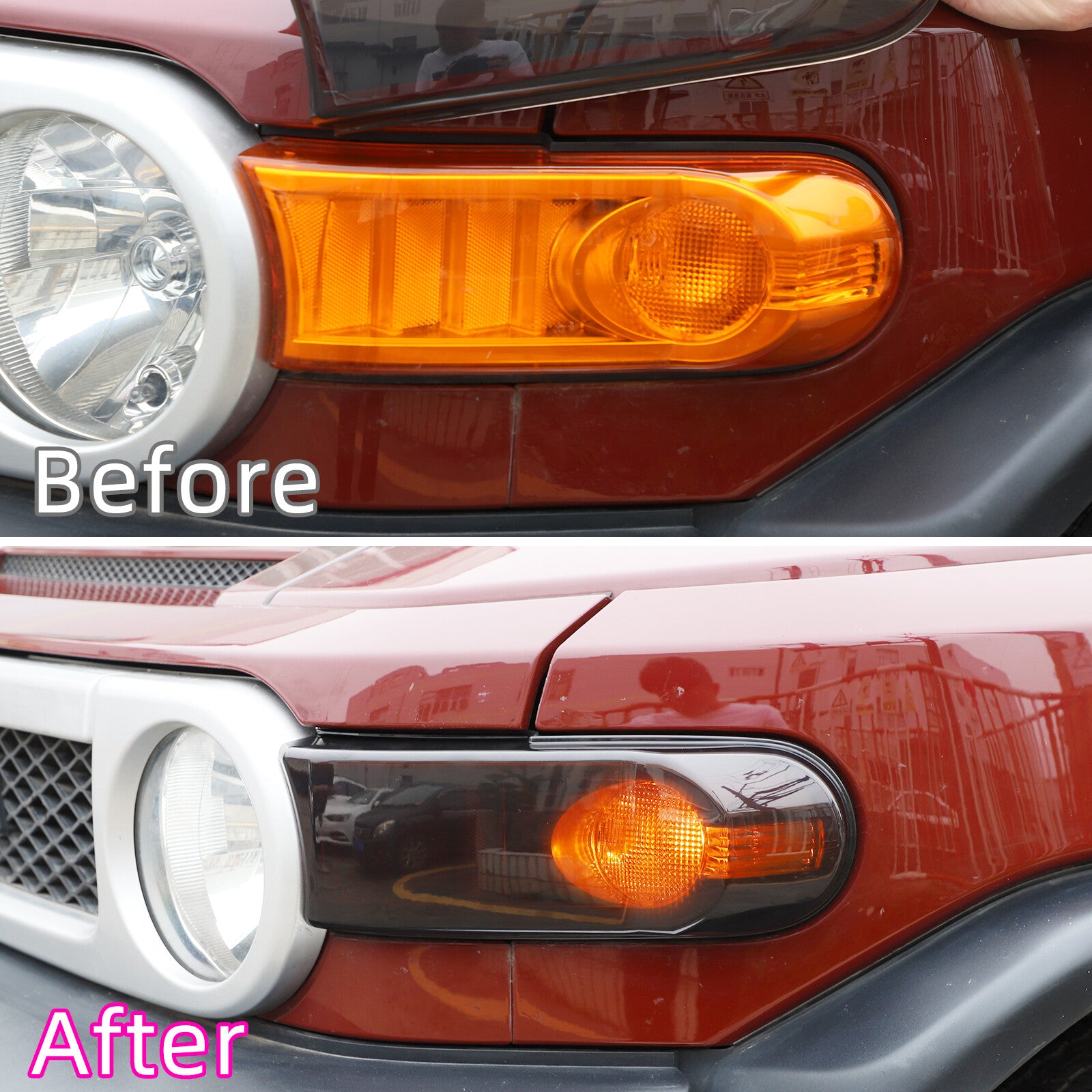 Smoked black front turn signal light cover trim for 2007-2014 for Toyota FJ Cruiser.