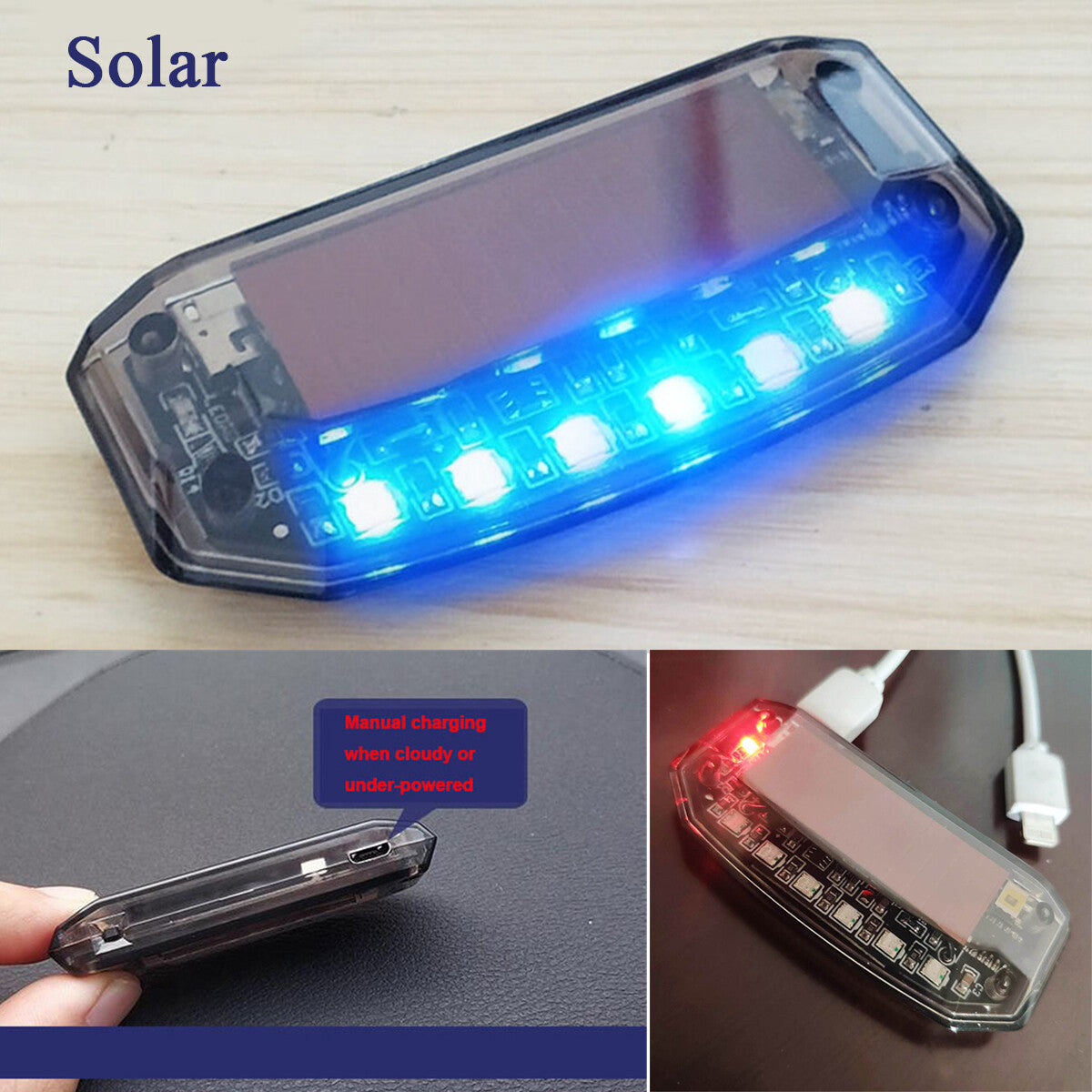 Car Truck Blue  Red 6 LED Solar Burglar Warning Anti-Theft Flash Sensor Light Q