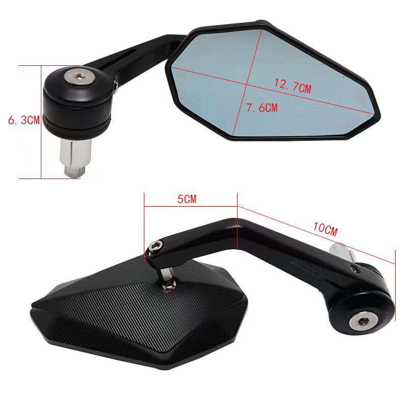 A pair of motorcycle pole-end mirrors with adjustable handlebars and rearview mirrors. n