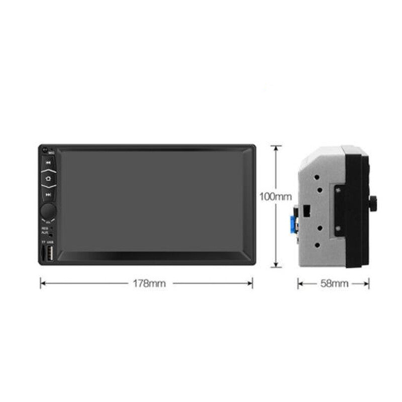 7-inch dual DIN car stereo radio with video, MP5, audio, Bluetooth, touchscreen, USB, and AUX input. n