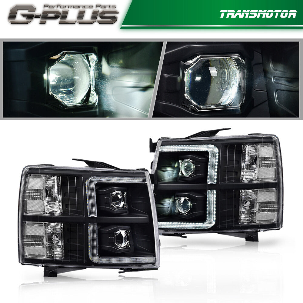 Suitable for 2007-2013 for Chevrolet Silverado 1500/2500 Black/Transparent LED DRL Headlights