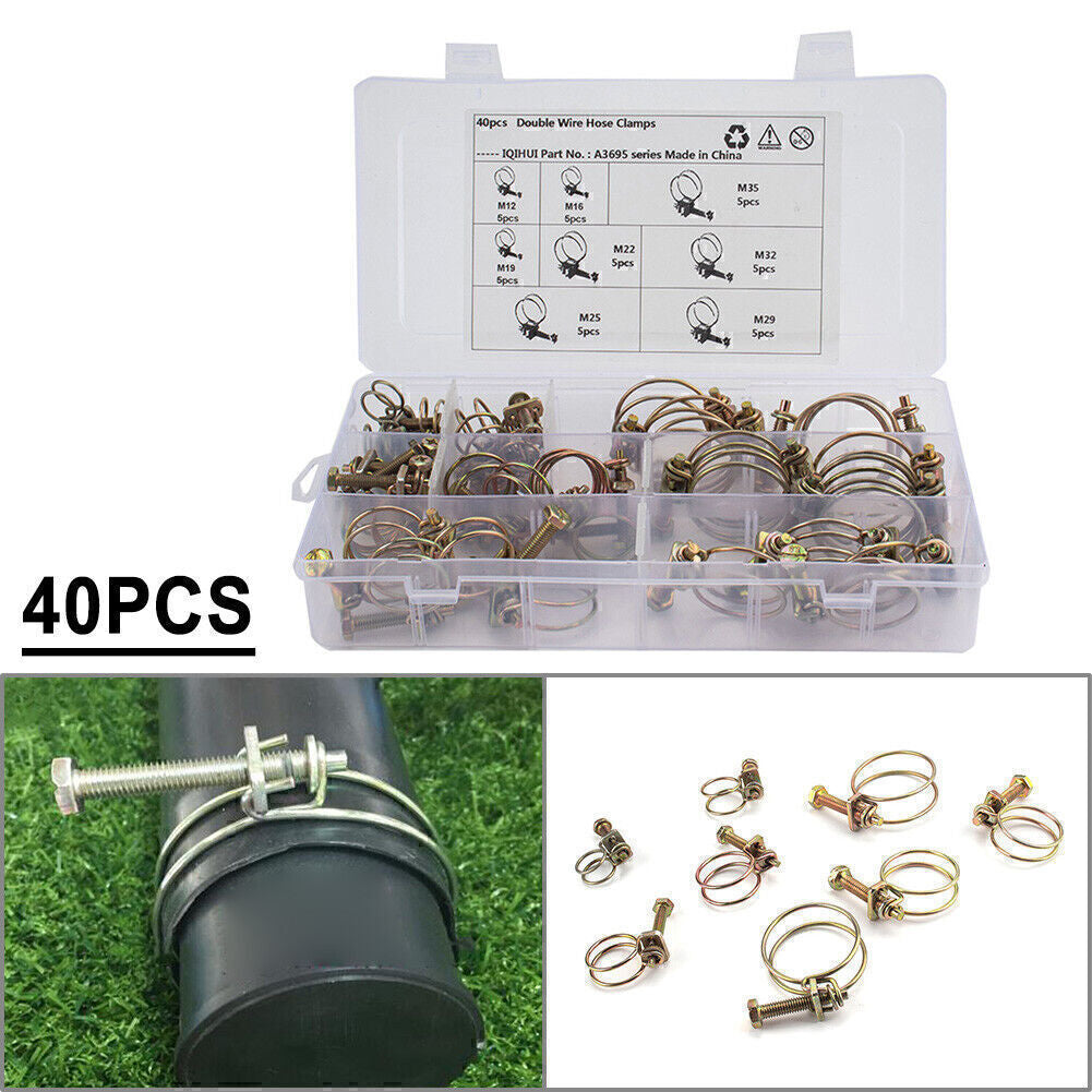 40PCS Double Wire Hose Clamp Pipe Clip Screw Bolt Tight Fitting Kit Classic Type