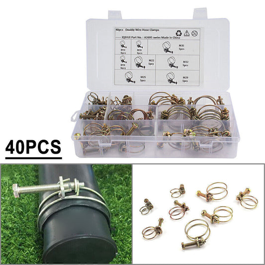 40PCS Double Wire Hose Clamp Pipe Clip Screw Bolt Tight Fitting Kit Classic Type