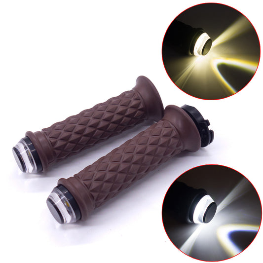 Motorcycle 7/8 22mm Brown Handlebar Hand Grip With LED Plug Strobe Side Light Q