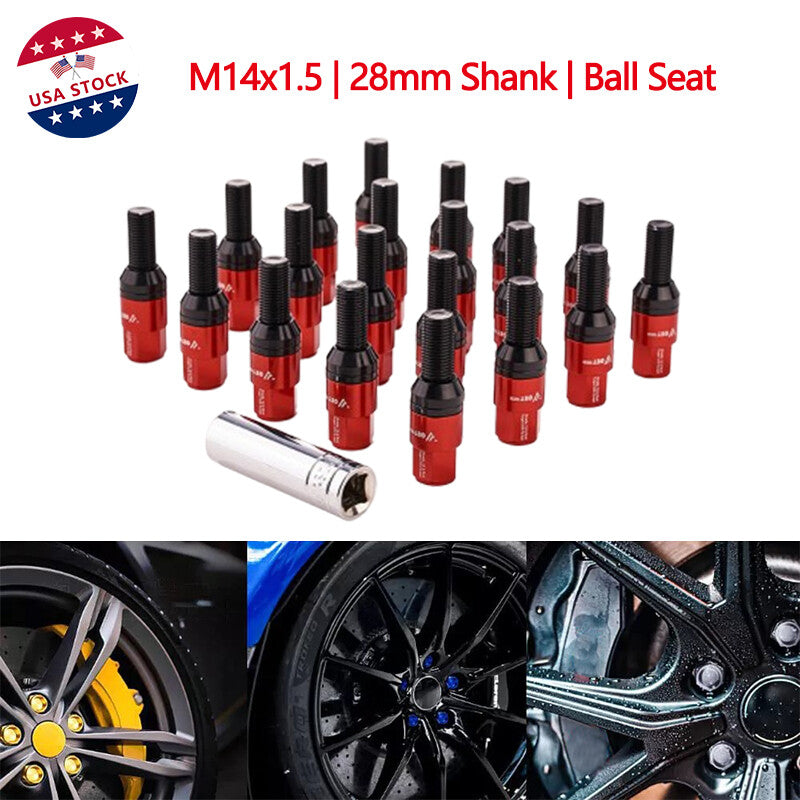 20-piece set of red M14x1.5 wheel lug bolts, ball joints, and studs, 28mm shank, suitable for Audi , for Volkswagen , and for Mercedes-Benz .