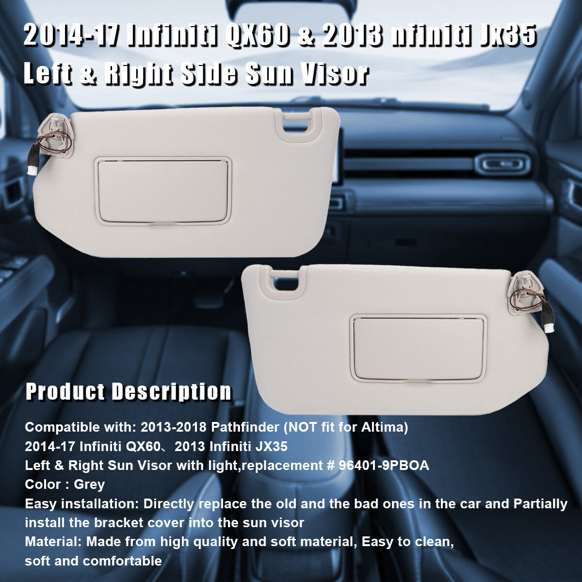 Pair RH+LH Interior Sun Visor Shade Grey W/Light for Nissan Pathfinder 2013-2018