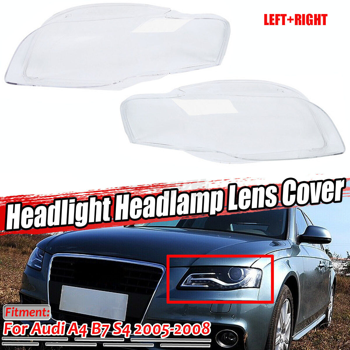 A pair of front left + right headlight lens covers for Audi A4 B7 2005 - 2008