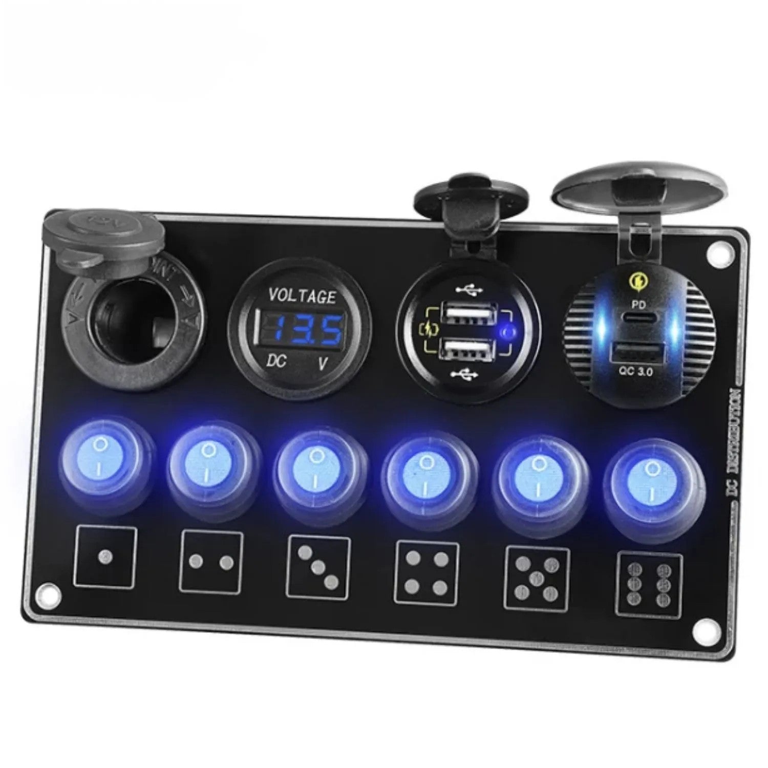6 Gang Circuit Switch Panel + Volt + USB + Charger Suitable for RVs, Cars, Boats - n