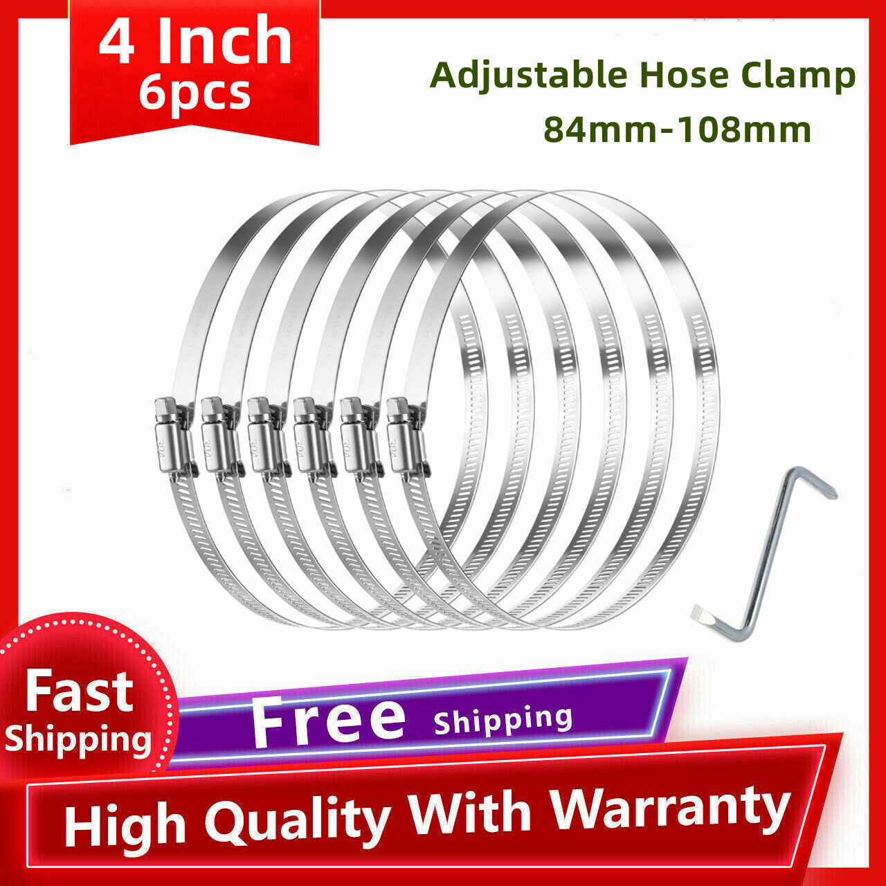 4-inch pipe clamps, fuel hose clamps, 304 stainless steel clamps, worm gear hose clamps, 6-piece set