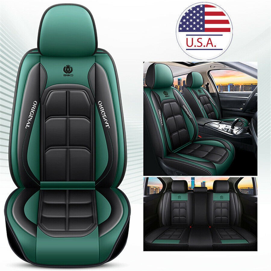 Black+Green Luxury PU Full Surrounded for Seat Cushions Protection Cover Front+Rear Q