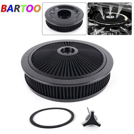 Black 14 x 3 Round Super Flow Thru Air Cleaner Washable For 5-1/8 Carb Neck Q
