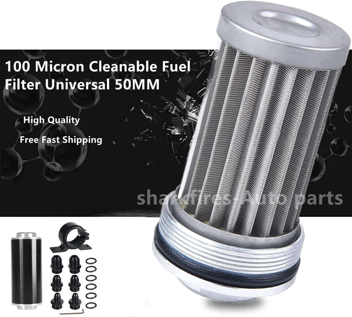 Inline fuel filter 30 microns with 6/8/10AN adapter and bracket clip 50mm universal
