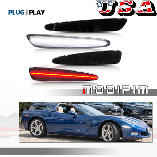 LED Side Marker Lights for 2005-13 for Corvette C6 Smoked Front and Rear White Red - v