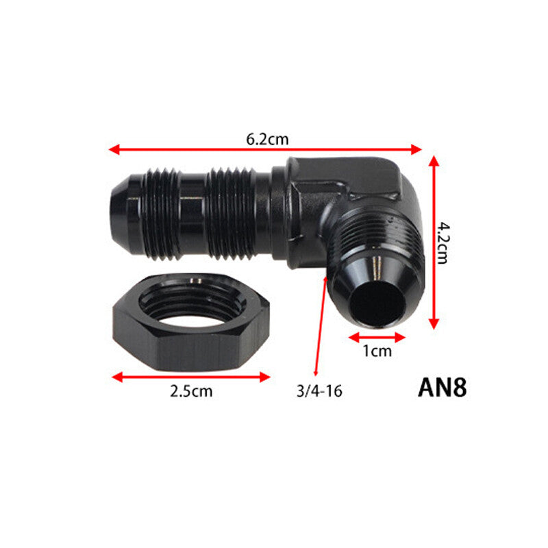 Aluminum 90 Degree 8AN Male Flare Union Bulkhead Fuel Fitting Adapter AN8 W/Nut