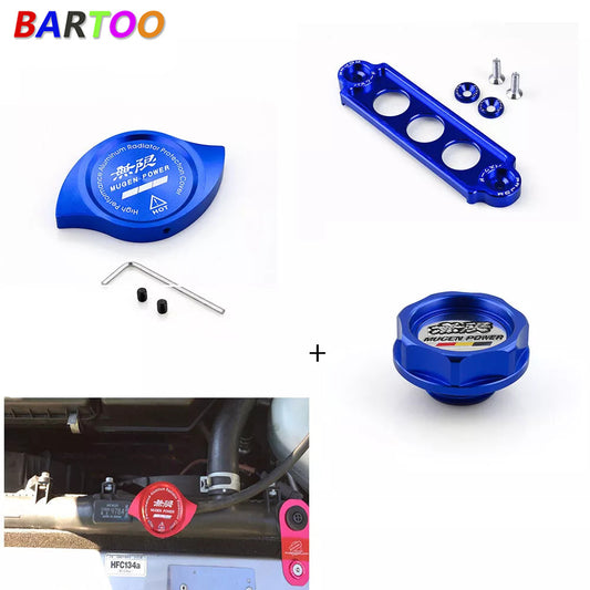 JDM Blue Engine Oil Filler Cap + Radiator Cap+ Battery Tie Down for Honda for Civic Q