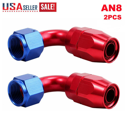 Red and blue AN8 90-degree swivel hose end adapter for fuel CPE hoses US
