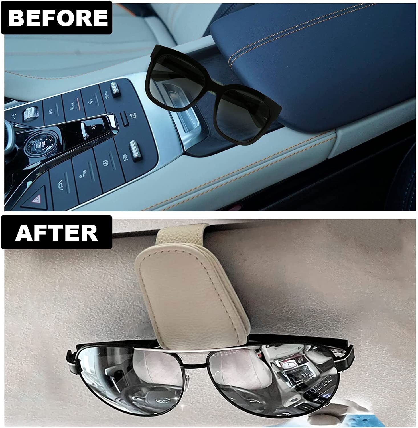 2-Piece Universal Magnetic Leather Car SUV Sunshade Sunglasses Holder Clip Glasses Beige n