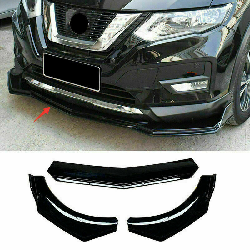 3PCS for Nissan Rogue 2017-2020 Piano Black Front Bumper Lip Spoiler Guard Trim