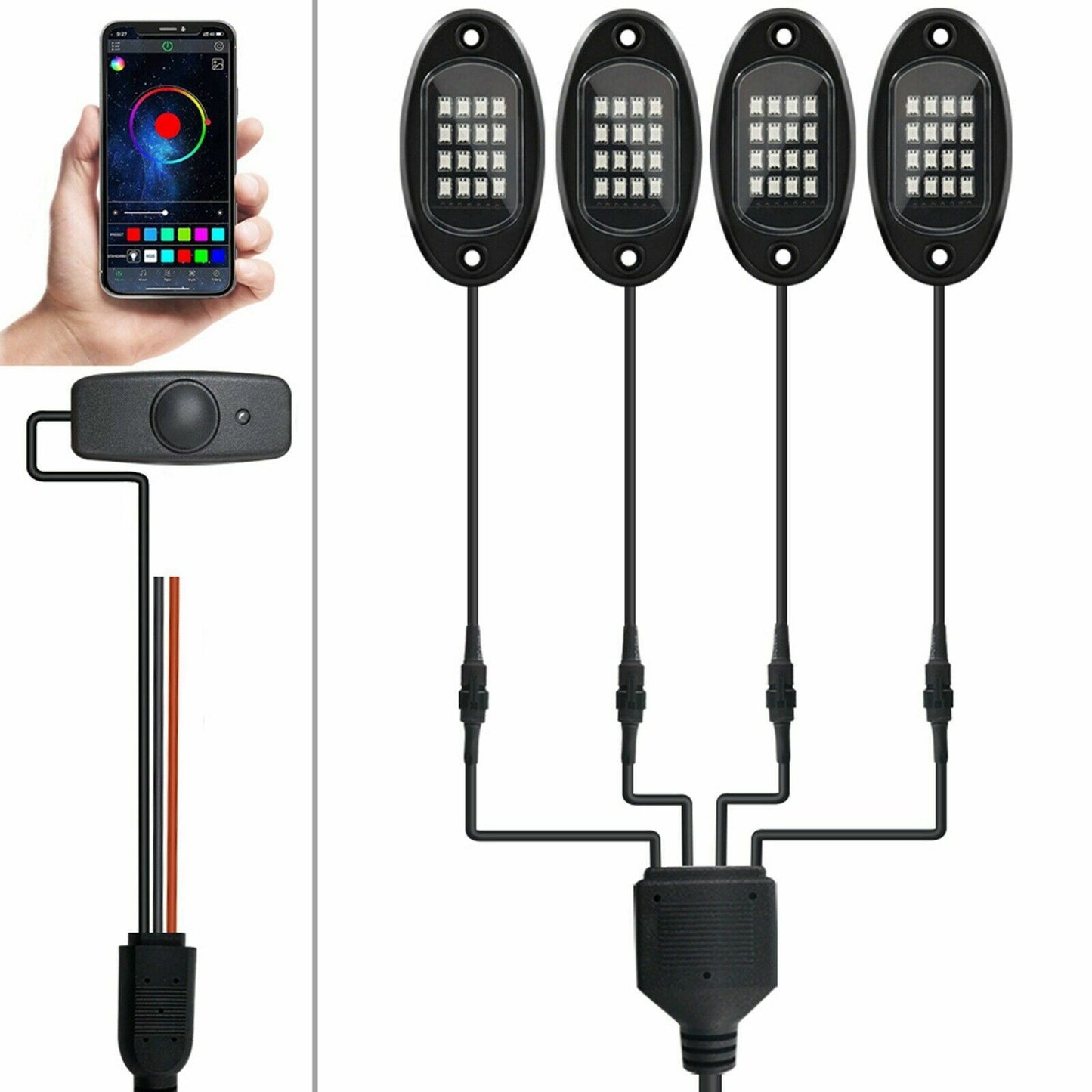 4x RGB LED Rock Light Pod Underbody Glow Neon Lamp Offroad Bluetooth App AT