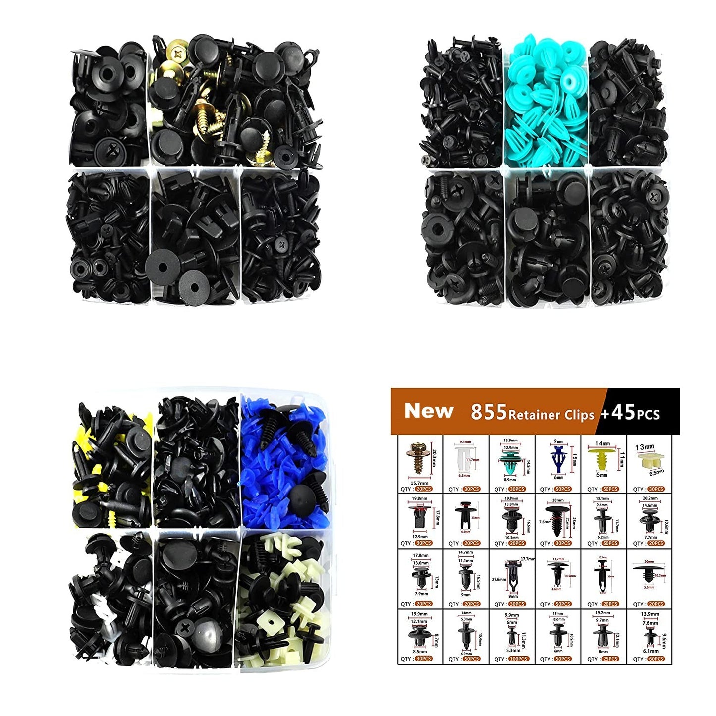 950-piece pack of car fastener clips, plastic rivets, metal screws, and automatic fasteners - promotional offer.