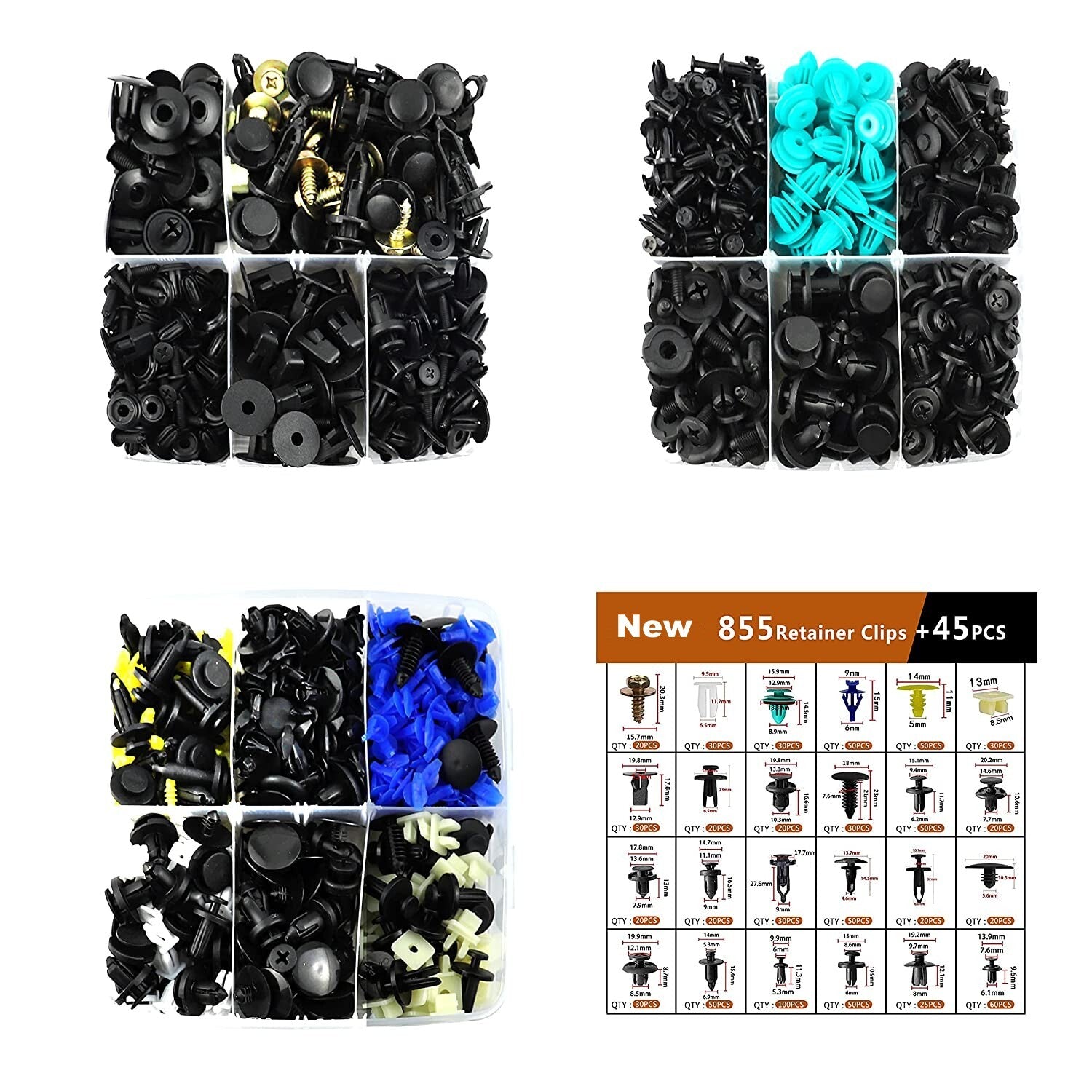 950-piece pack of car fastener clips, plastic rivets, metal screws, and automatic fasteners - promotional offer.