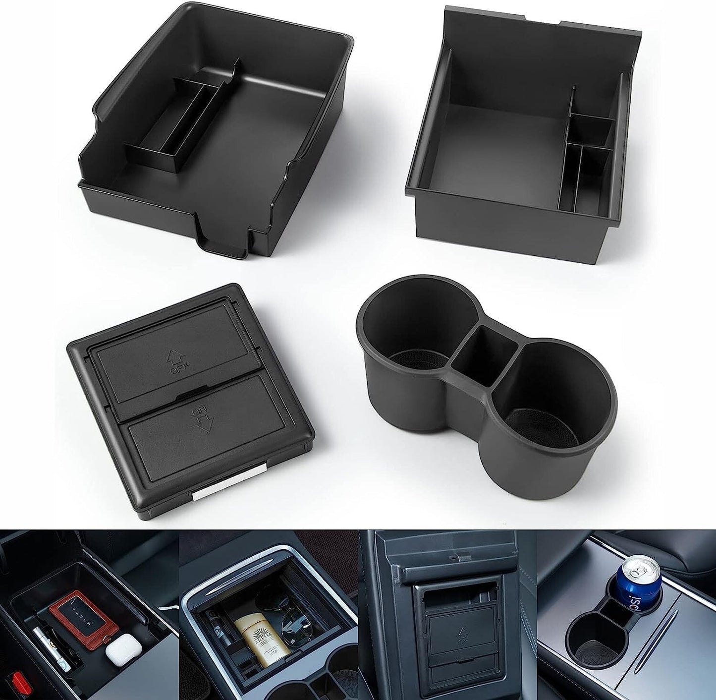 4-Piece Center Console Storage Tray, Armrest Storage Box, Drawer for Model 3Y- n