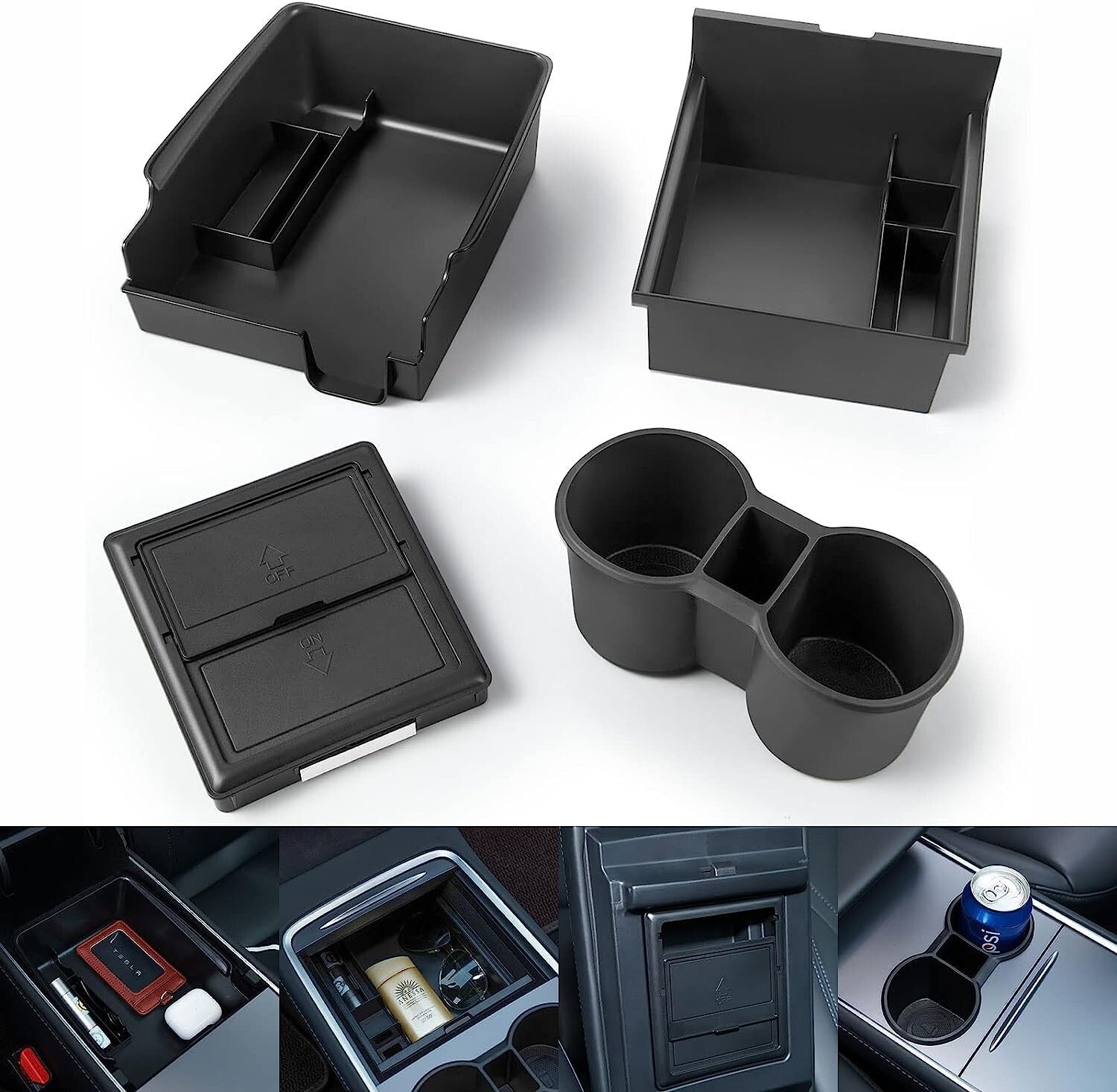 4-Piece Center Console Storage Tray, Armrest Storage Box, Drawer for Model 3Y- n