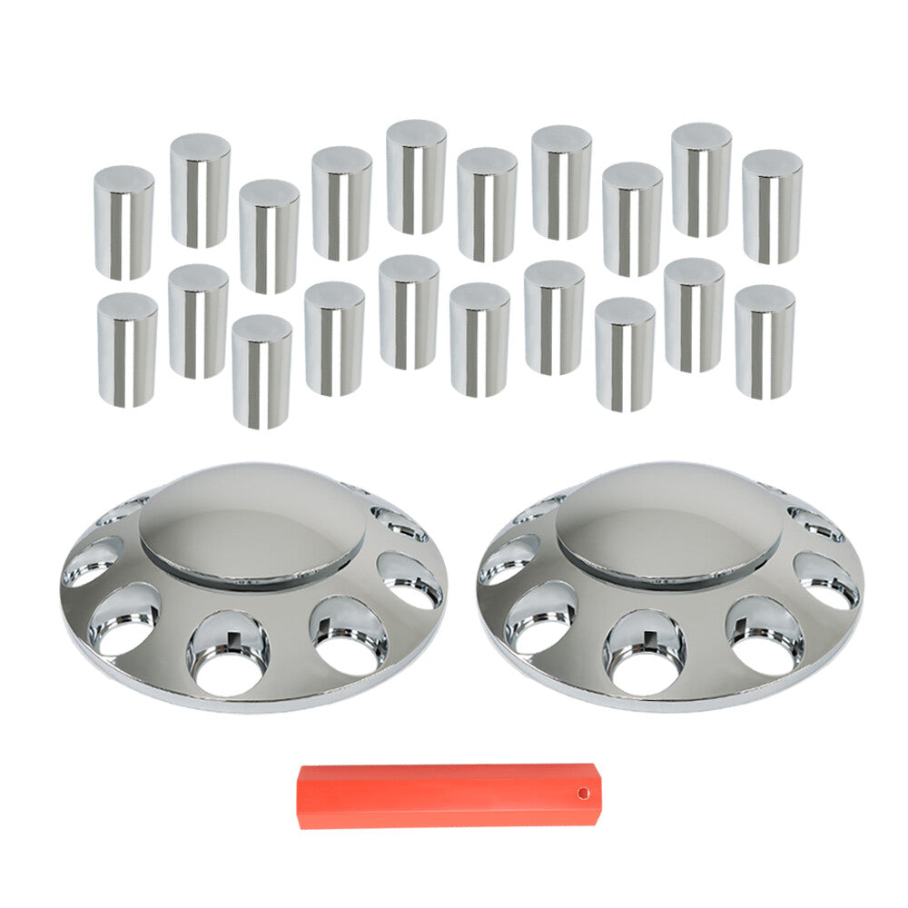 2-piece set of chrome-plated front axle wheel covers with hub caps and 33mm lug nuts for semi-trucks. n