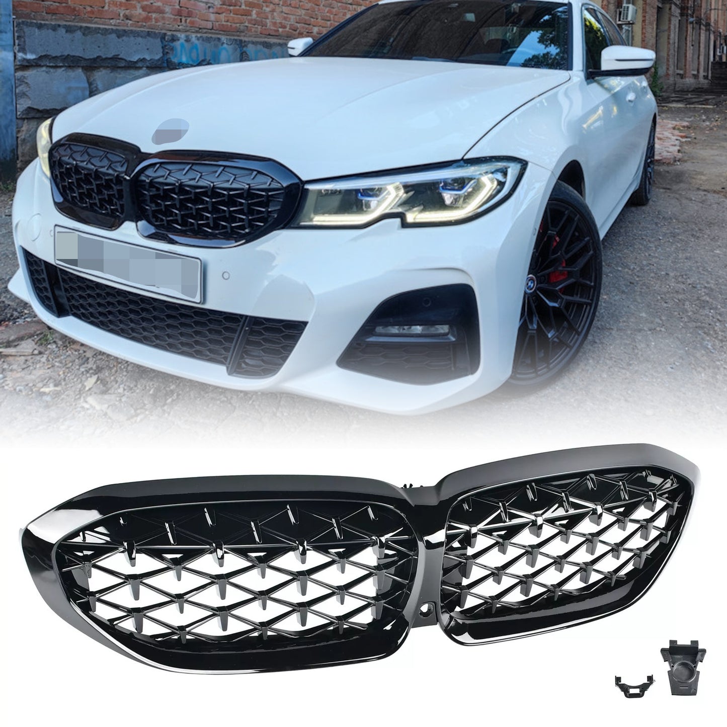 For 2019-2022 for BMW G20 330i M340i Front Kidney Diamond Grille Glossy Black Grill