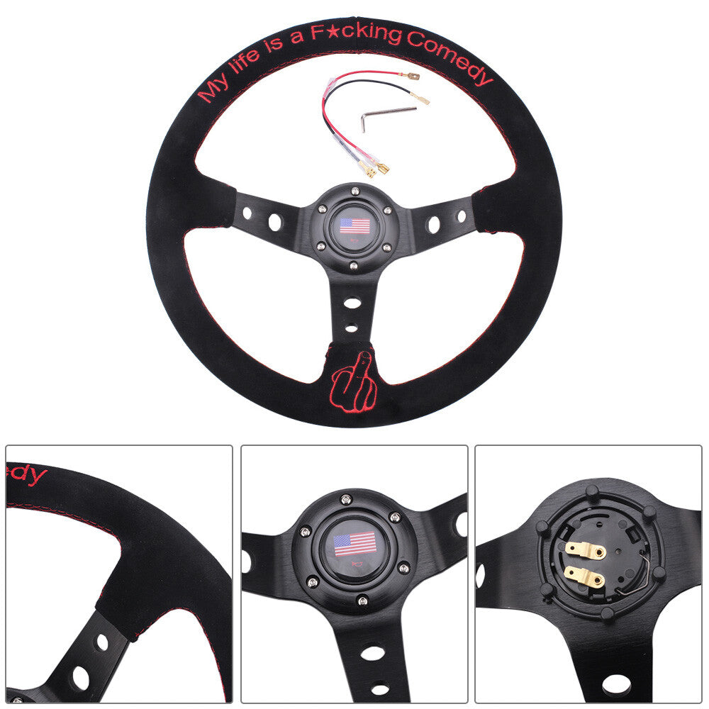 14 Suede Leather Steering Wheel Red Embroidery Deep Dish 95mm Drifting