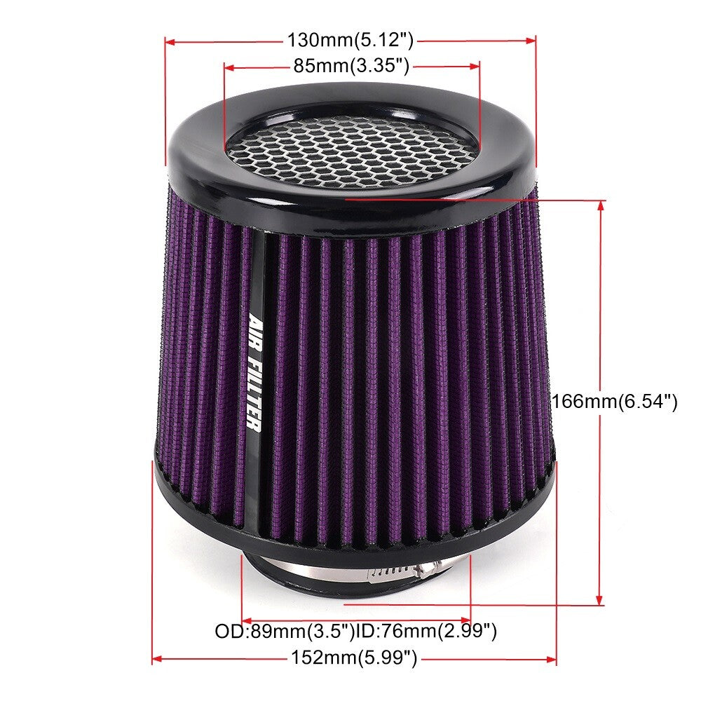 Purple 3 76mm High Flow Inlet Cold Air Intake Cone Replacement Dry Air Filter