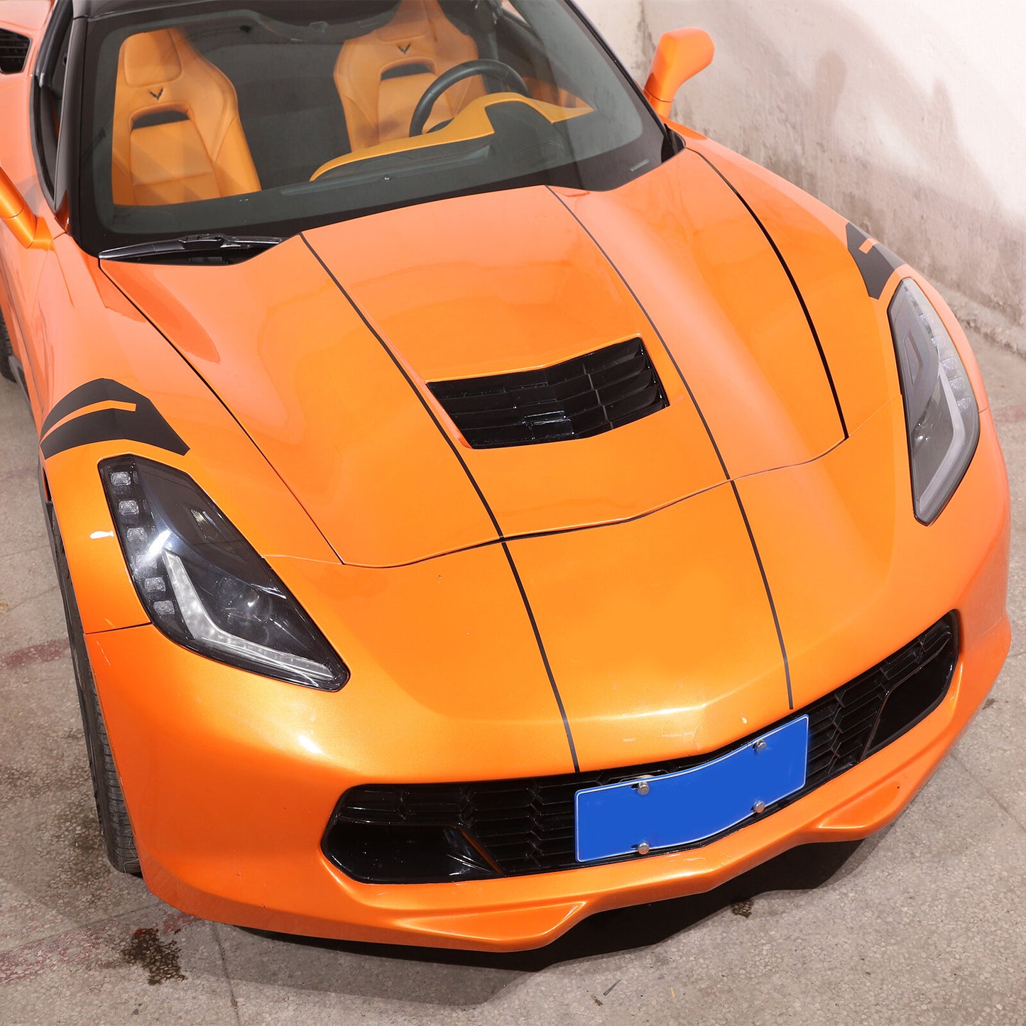 Matte black fender hood with vinyl graphic decal stripe for Corvette C7 2014-2019 n