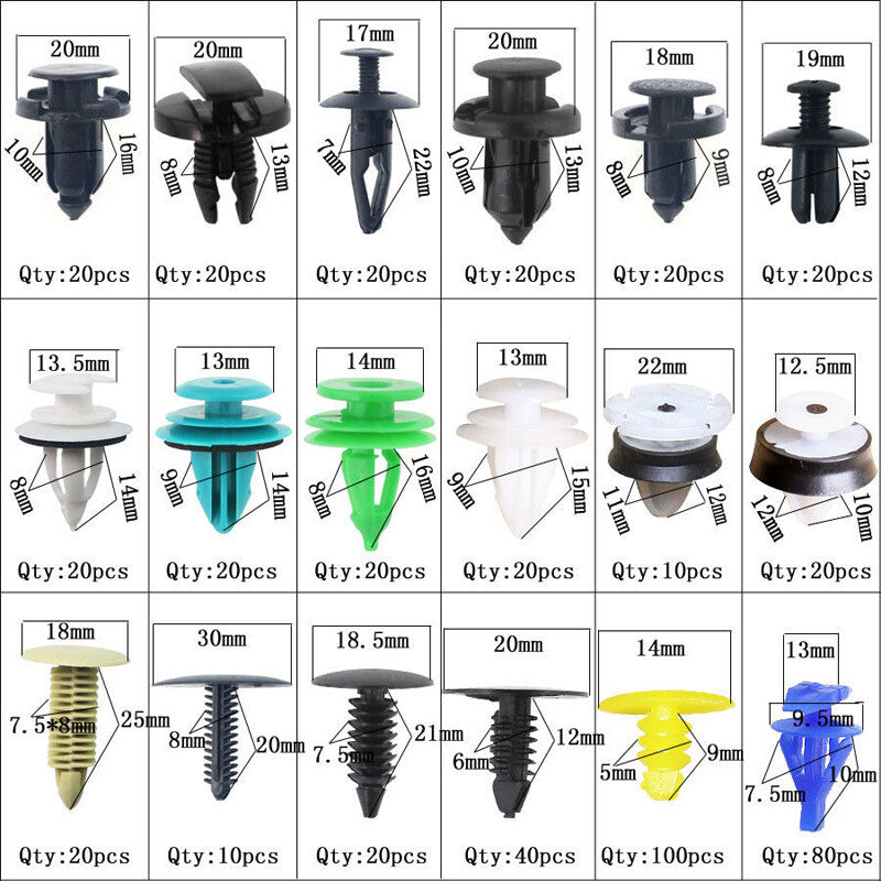 500-piece pack of mixed automotive fasteners, door panel trim, bumper fender push rivets, 18 types - n