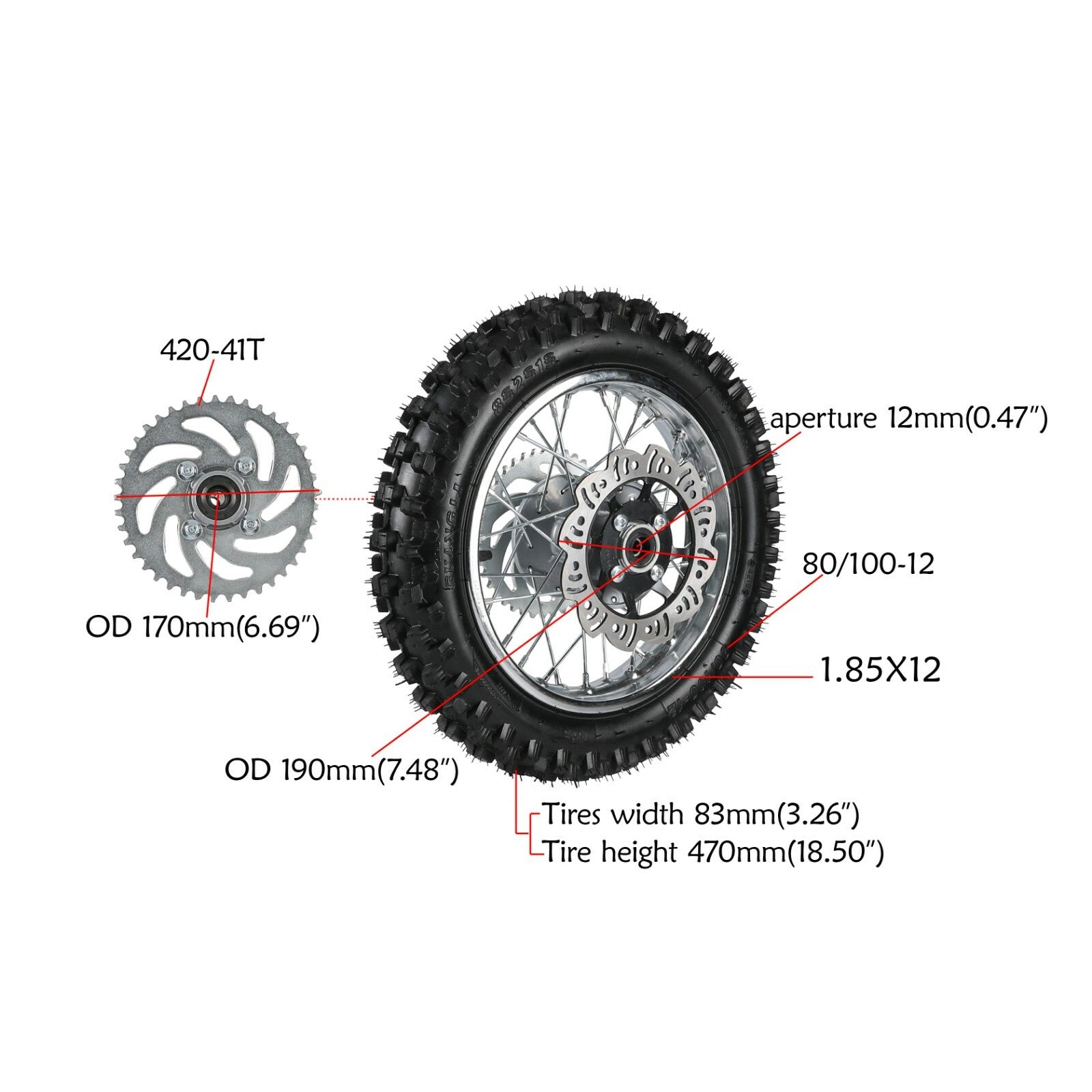 12-inch rear wheel, 3.00-12 tire, rim 80/100-12, Apollo SSR CRF bicycle, 70/110/125cc.