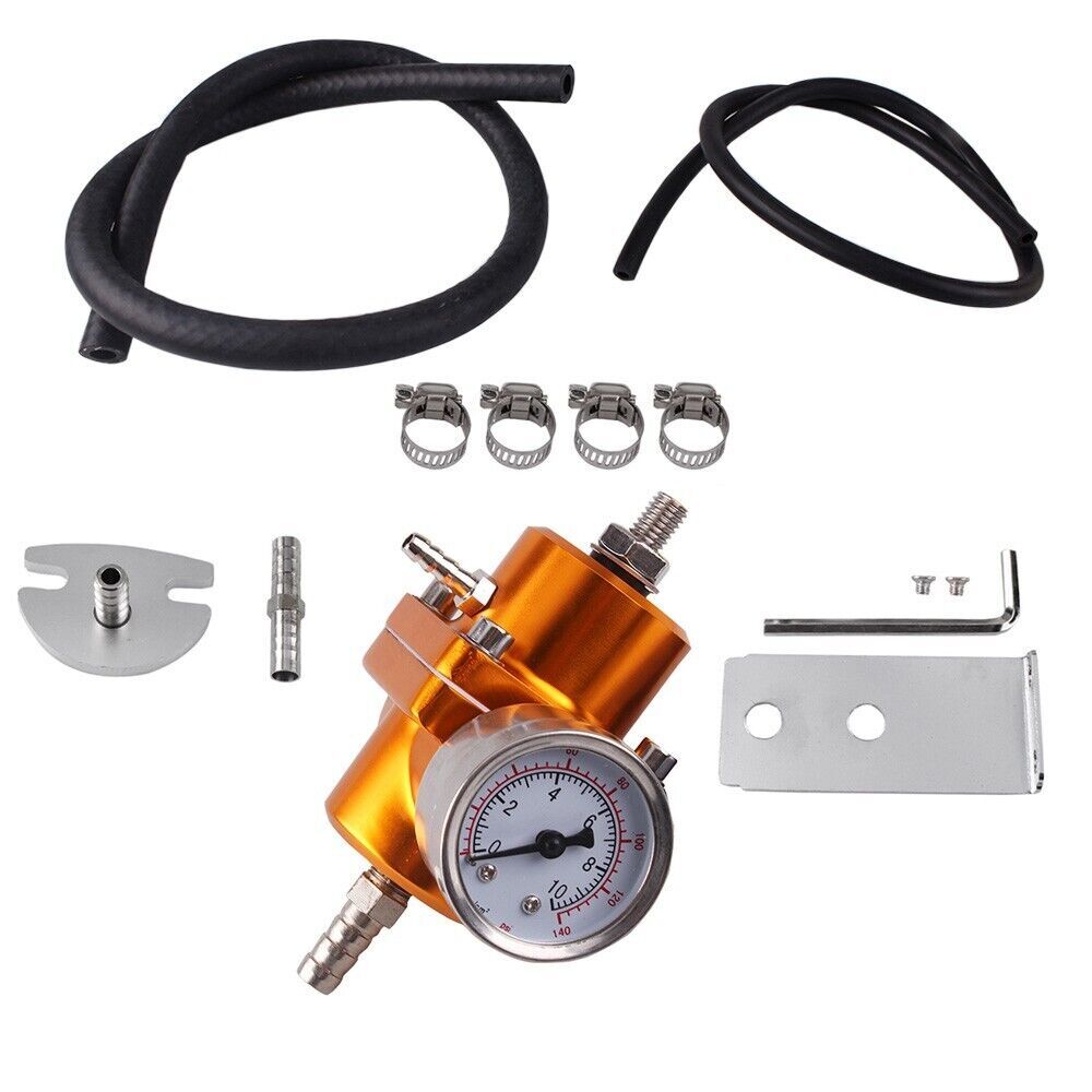 Gold Aluminum Adjustable 1-140 PSI Fuel Pressure Regulator w/ Oil Gauge Fitting Q